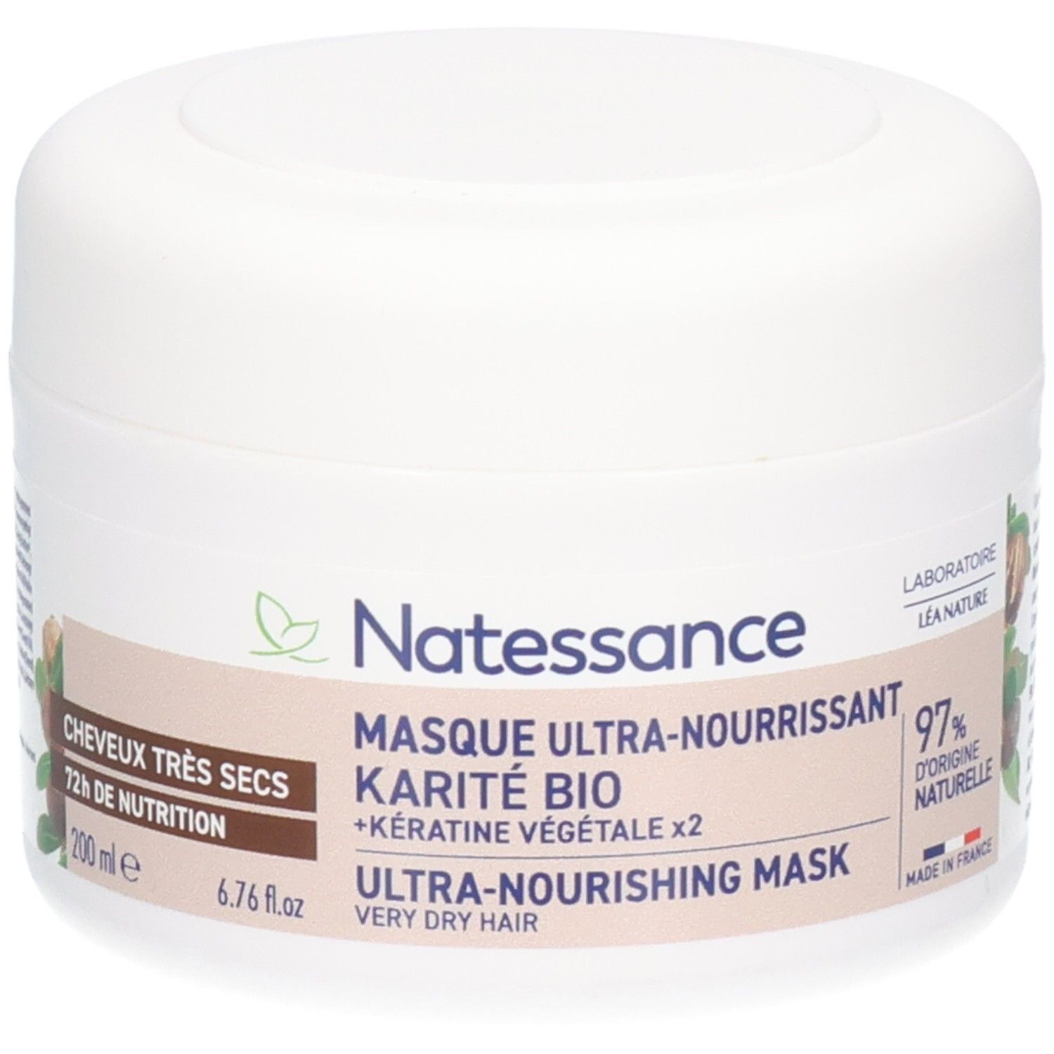 Weißer Tiegel mit Deckel. Aufschrift: Natessance, Masque Ultra-Nourrissant, Karité Bio, 72h Nutrition. 97% natürliche Inhaltsstoffe.
