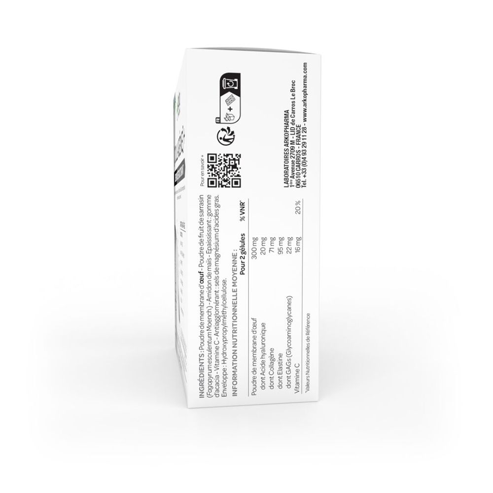 Vue latérale de la boîte blanche. Texte : ingrédients, informations nutritionnelles, code QR, logos.