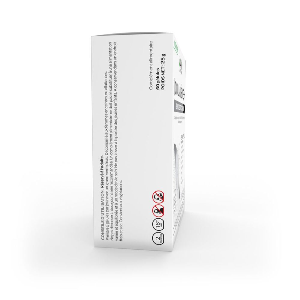 Vue latérale de la boîte blanche. Texte : conseils d'utilisation, avertissements, logos.