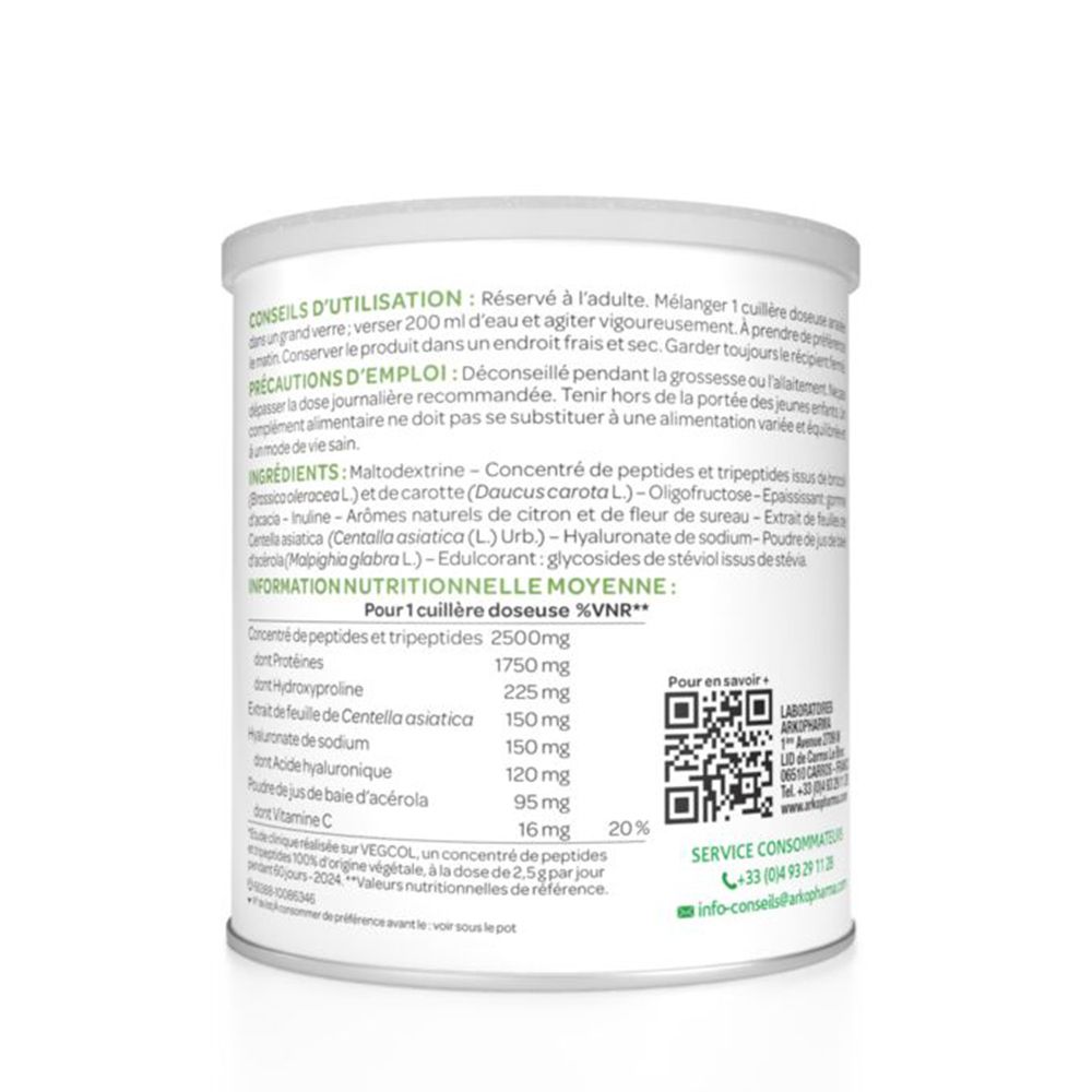 Rückseite der Pro-Collagen-Dose. Text: Gebrauchsanweisung, Inhaltsstoffe, Nährwertangaben. QR-Code und Kontaktinformationen.