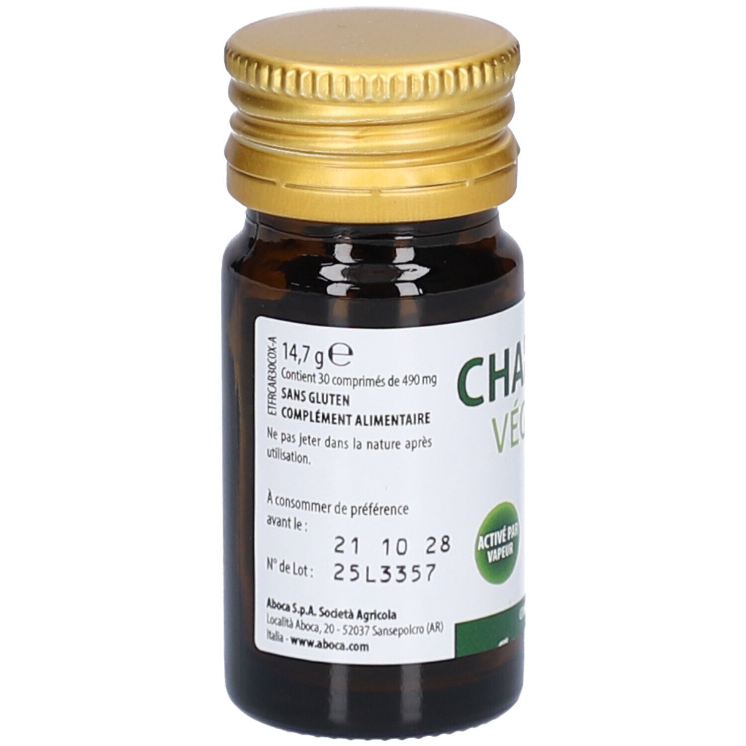 Braune Glasflasche mit goldfarbenem Deckel. Etikett mit Text. Enthält 30 Tabletten. Glutenfrei. Nahrungsergänzungsmittel.