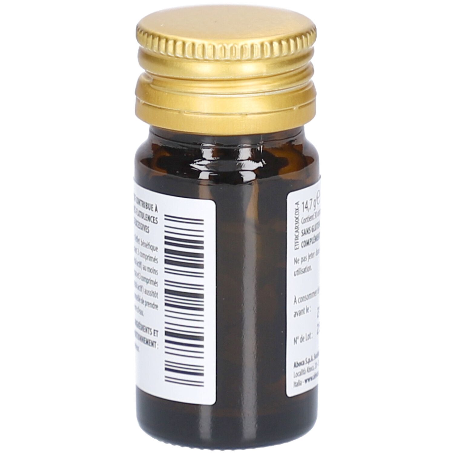 Braune Glasflasche mit goldfarbenem Deckel. Etikett mit Text. Enthält Informationen über das Produkt und die Inhaltsstoffe.