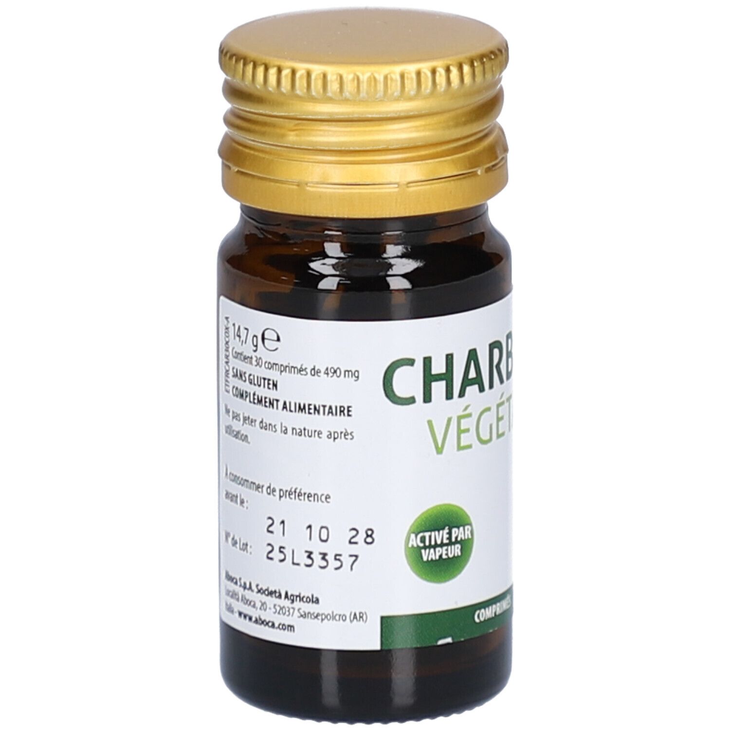 Braune Glasflasche mit goldfarbenem Deckel. Etikett mit Text. Enthält 30 Tabletten. Glutenfrei. Nahrungsergänzungsmittel.