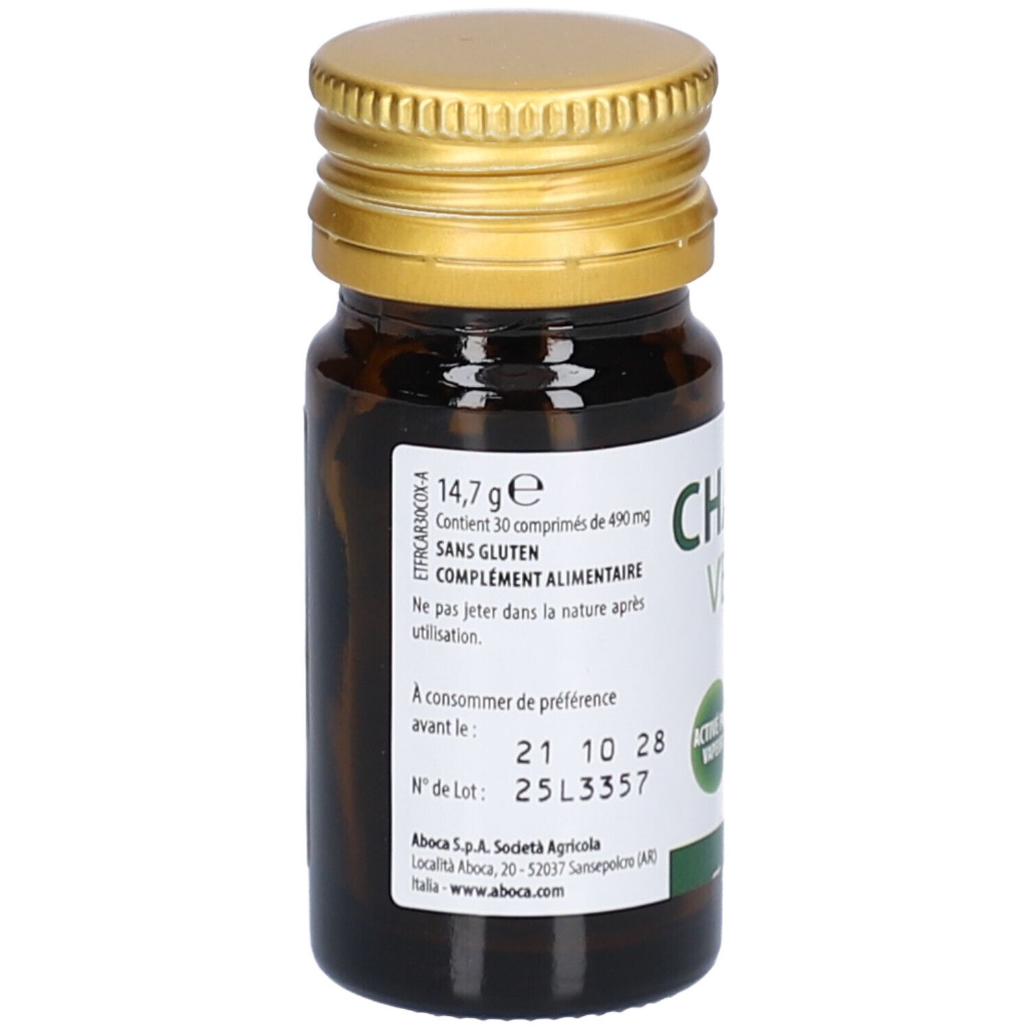 Braune Glasflasche mit goldfarbenem Deckel. Etikett mit Text. Enthält 30 Tabletten. Glutenfrei. Nahrungsergänzungsmittel.
