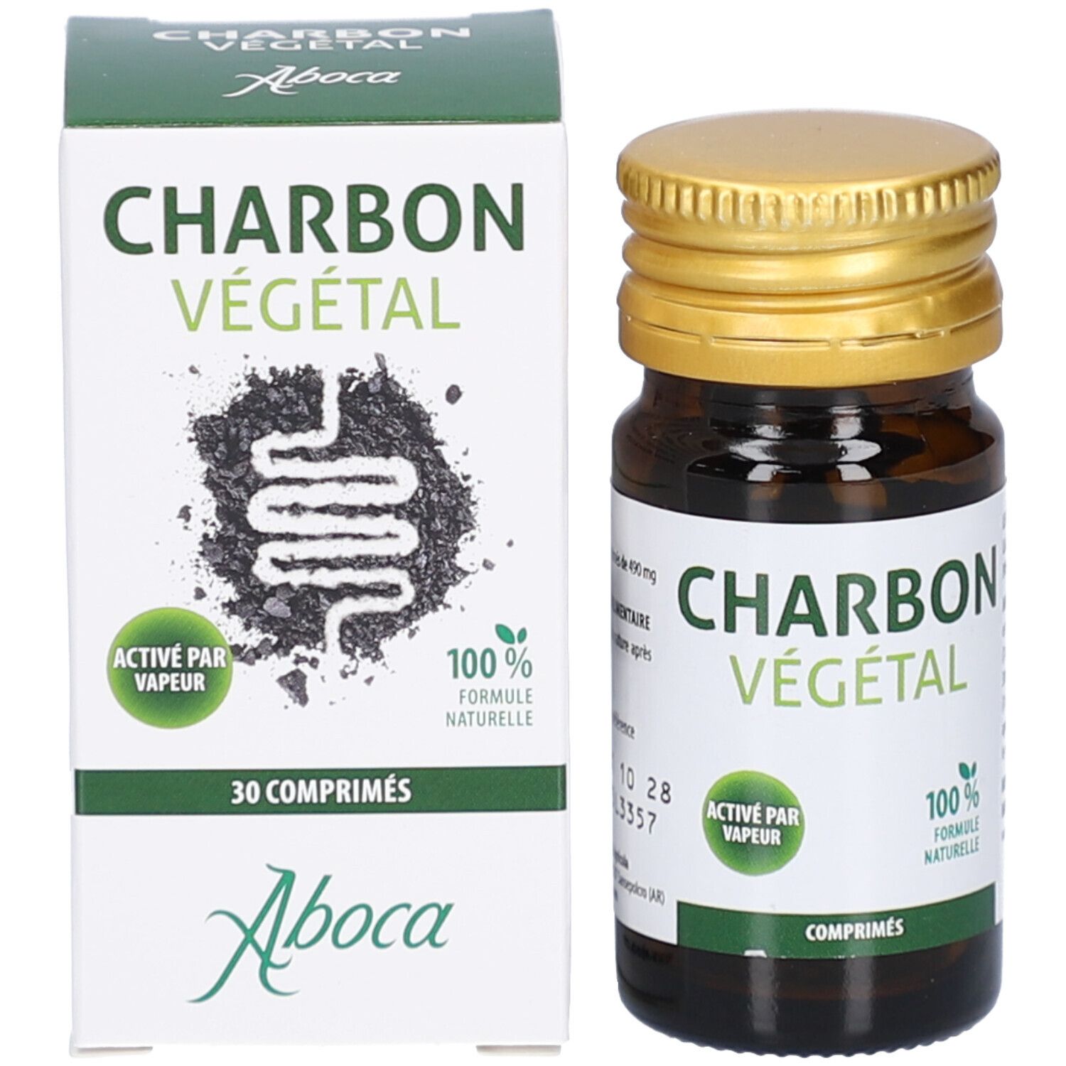 Produktverpackung mit Flasche. Karton mit Produktname und Abbildung. Braune Glasflasche mit goldfarbenem Deckel.