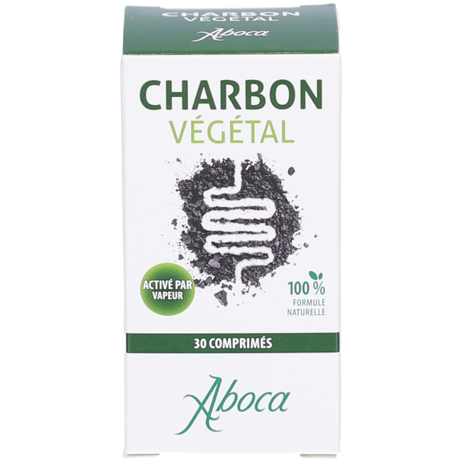 Produktverpackung. Karton mit Produktname, Abbildung und Logo. Enthält 30 Tabletten. 100% natürlich.