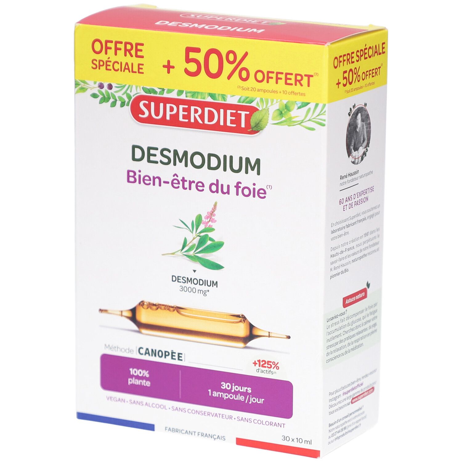 Karton mit SUPERDIET DESMODIUM Ampullen. Produktname, Logo und Produktinformationen sind sichtbar.