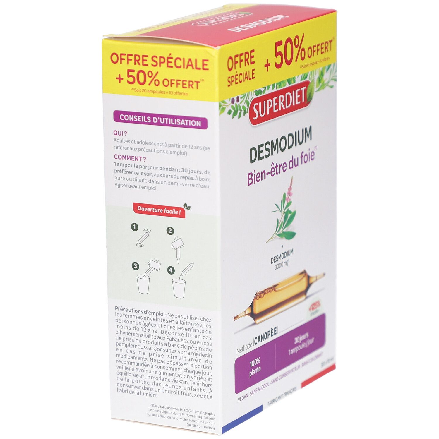 Rückseite der SUPERDIET DESMODIUM Verpackung. Gebrauchsanweisung und Produktinformationen.