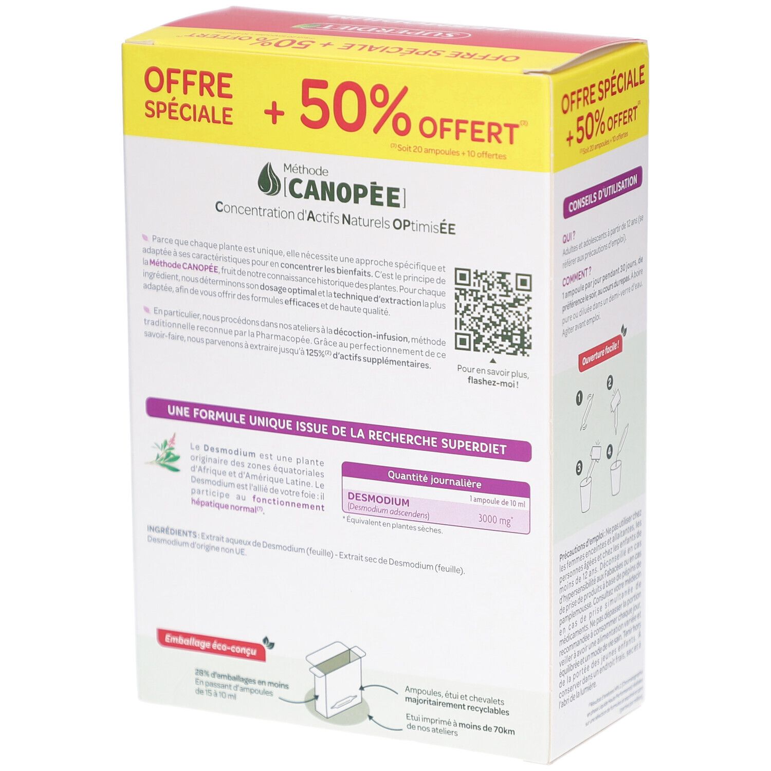 Rückseite der SUPERDIET DESMODIUM Verpackung. Produktinformationen, QR-Code und Recycling-Hinweis.