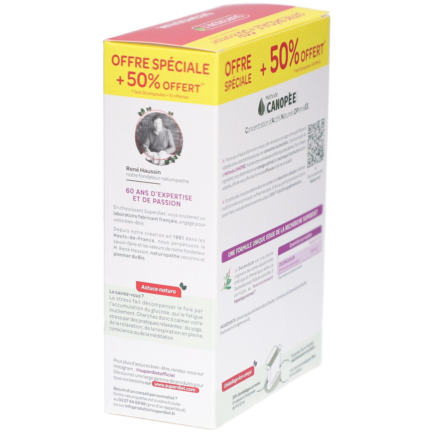 Seite der SUPERDIET DESMODIUM Verpackung. Informationen zum Hersteller und Logo.