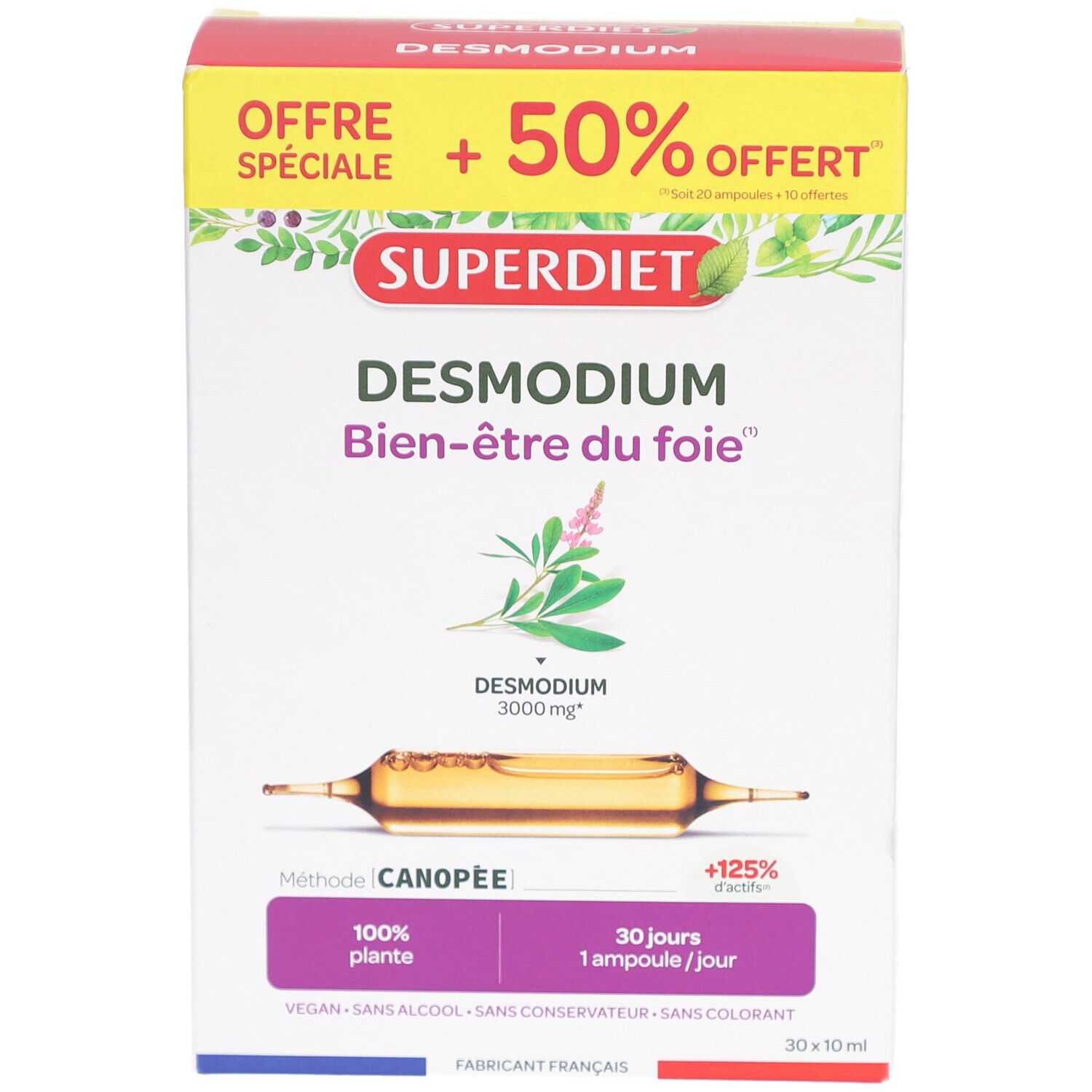 Vorderseite der SUPERDIET DESMODIUM Verpackung. Produktname, Logo und Ampulle.