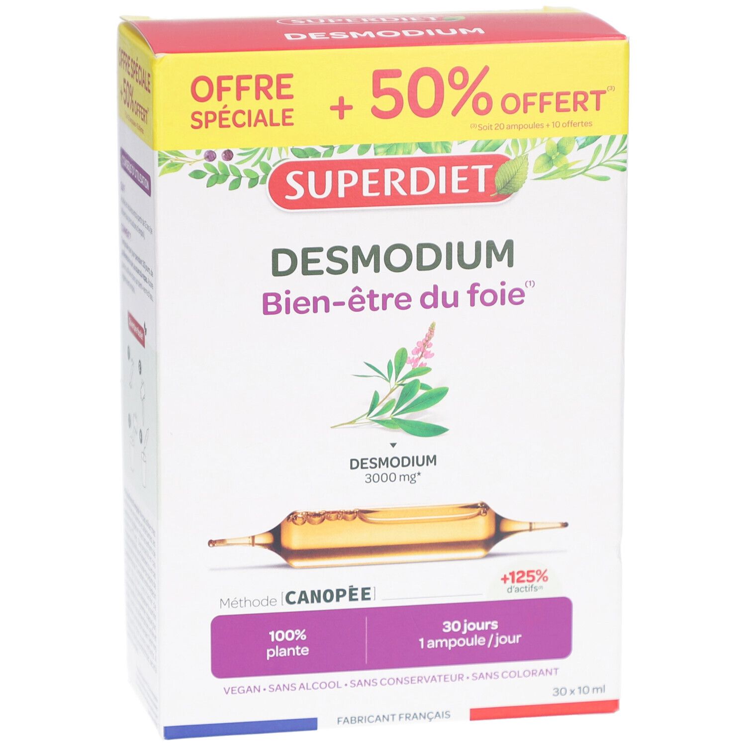 Vorderseite der SUPERDIET DESMODIUM Verpackung. Produktname, Logo und Ampulle.