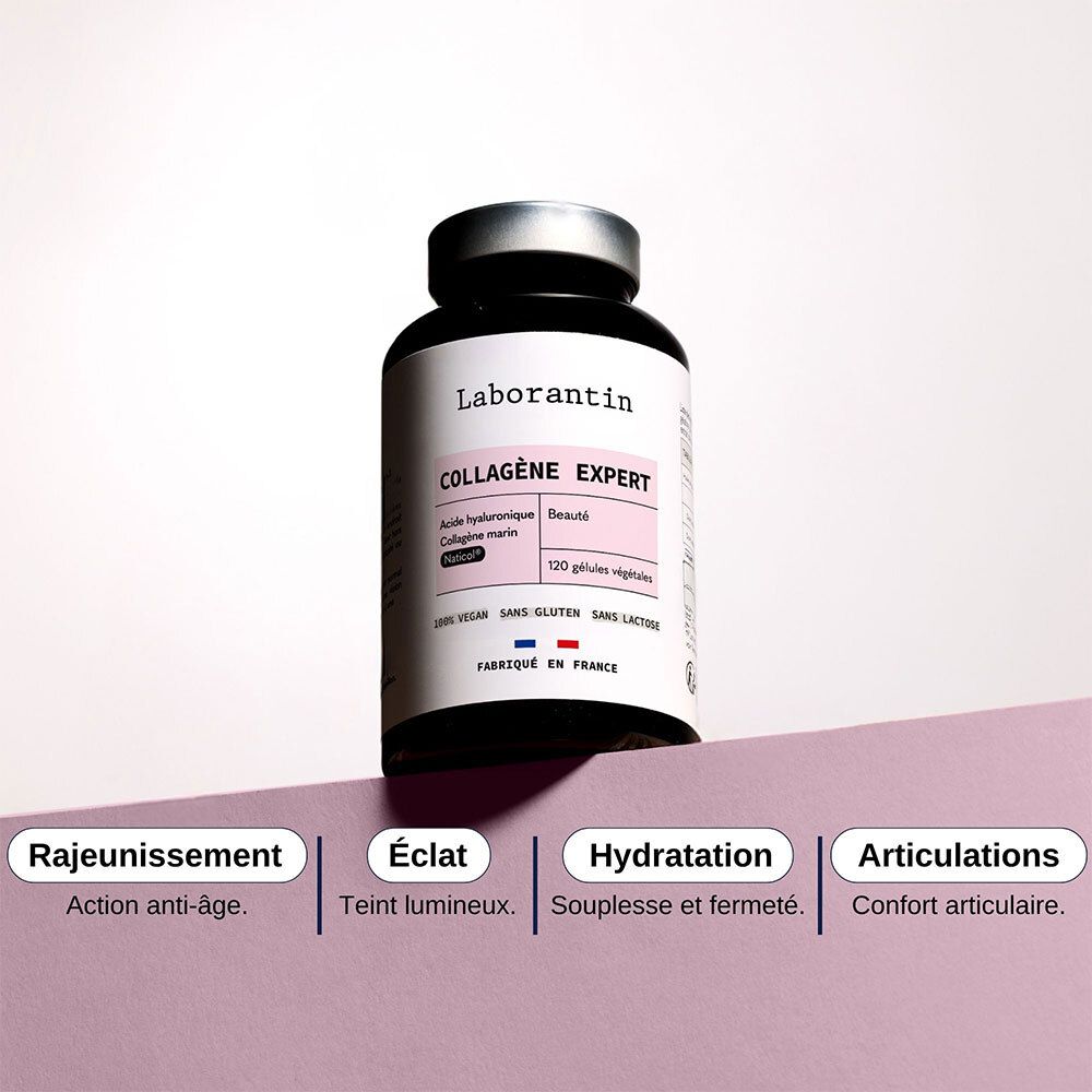 Flacon sur fond rose. Mots: Rajeunissement, Éclat, Hydratation, Articulations. Nom du produit: Collagène Expert.