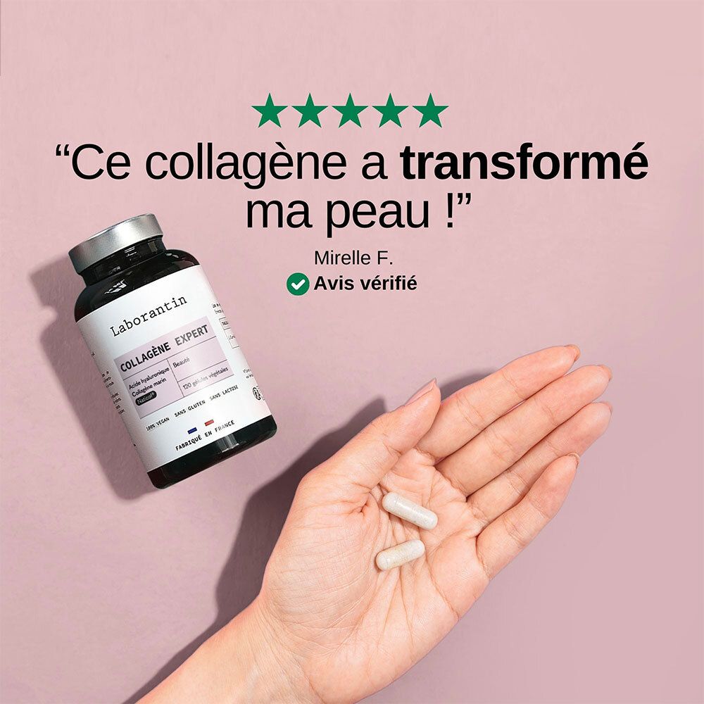 Main tenant des gélules à côté du flacon Laborantin Collagène Expert. Citation: Ce collagène a transformé ma peau!