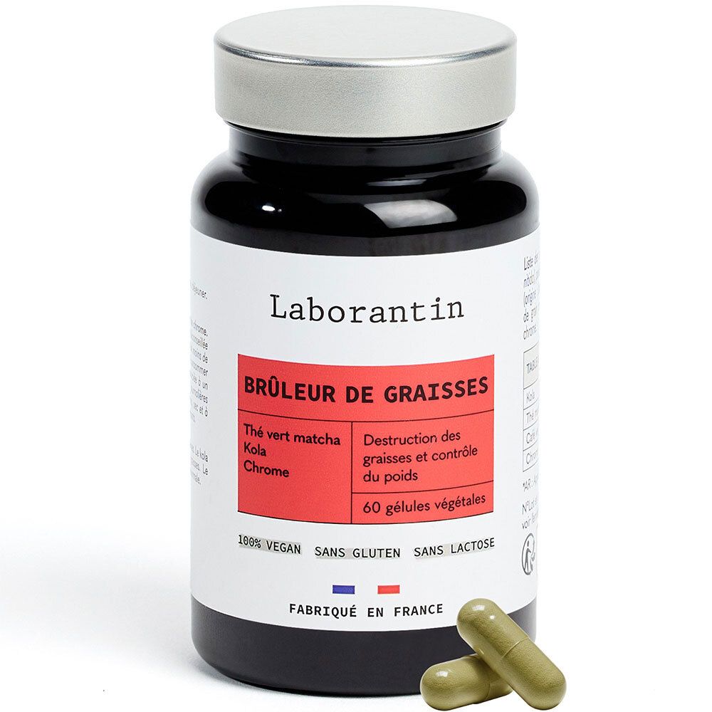 Flacon noir avec gélules. Inscription: Laborantin, Brûleur de Graisses. 60 gélules végétales. Fabriqué en France.