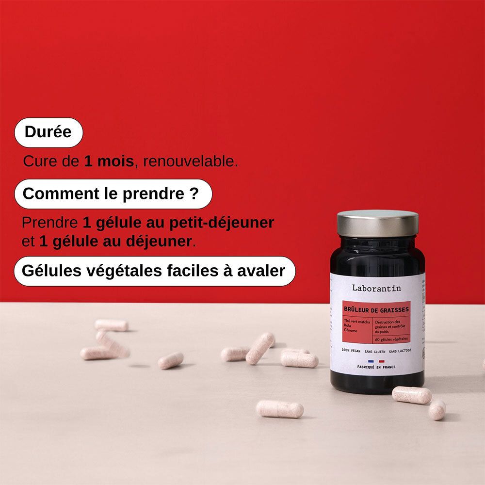 Flacon et gélules. Inscription: Laborantin, Brûleur de Graisses. Utilisation: 1 gélule au petit-déjeuner, 1 au déjeuner. Gélules végétales.