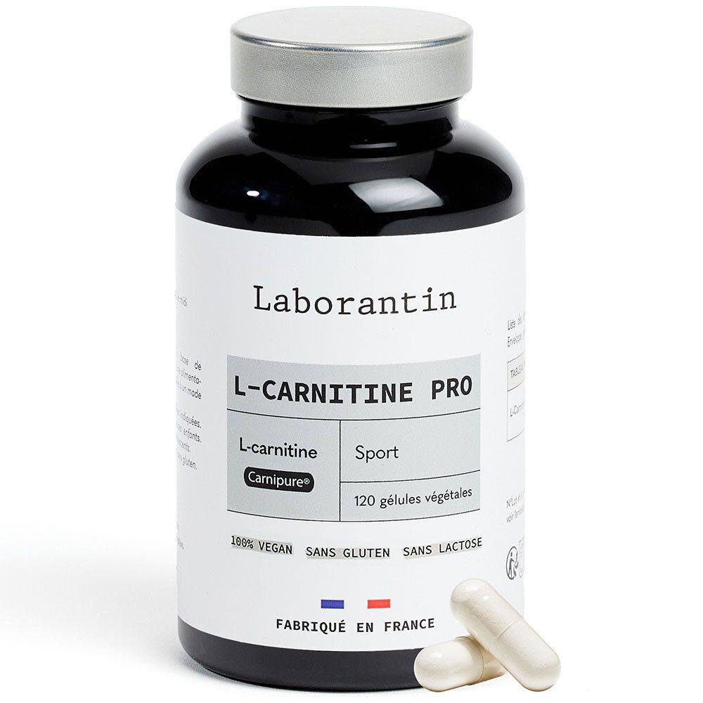 Schwarze Flasche mit weißen Kapseln. Aufschrift: Laborantin L-Carnitine Pro, 120 vegane Kapseln. Hergestellt in Frankreich.