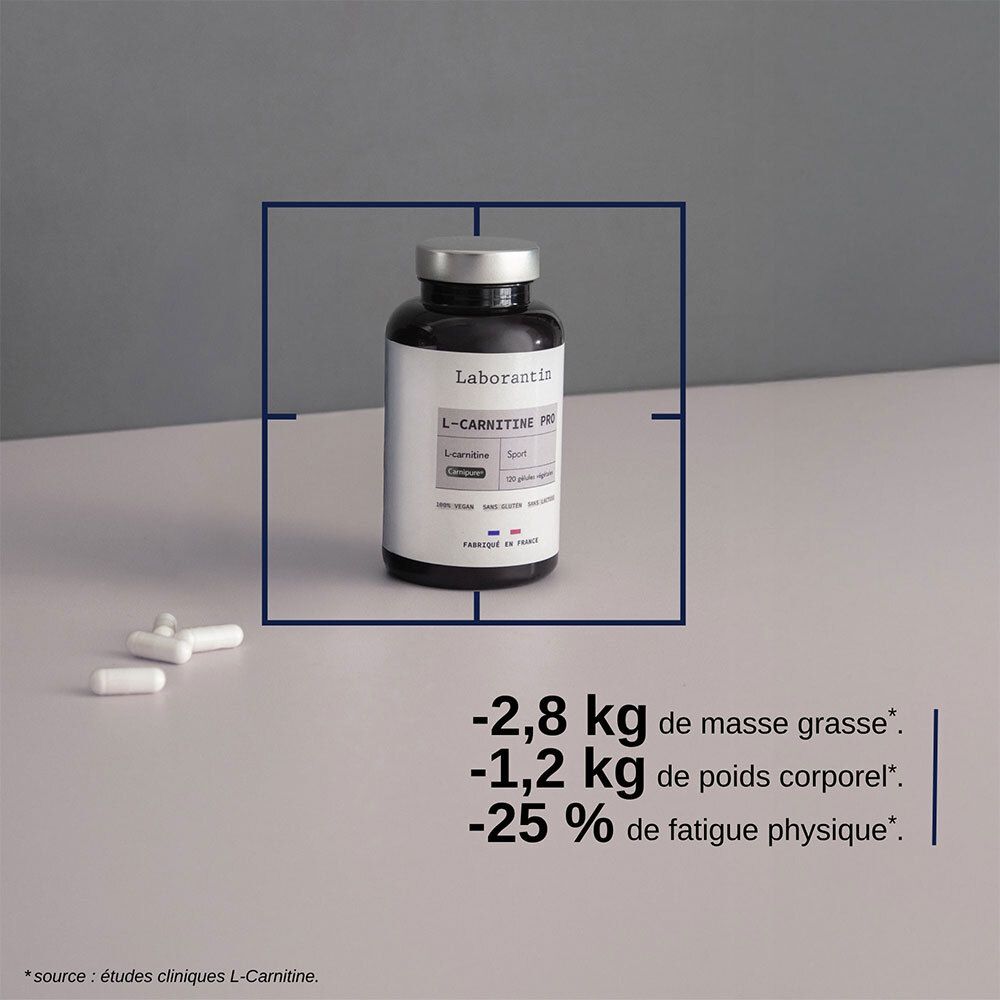 Produktflasche mit Text und Angaben zu Gewichtsverlust und körperlicher Ermüdung. Text in Französisch.