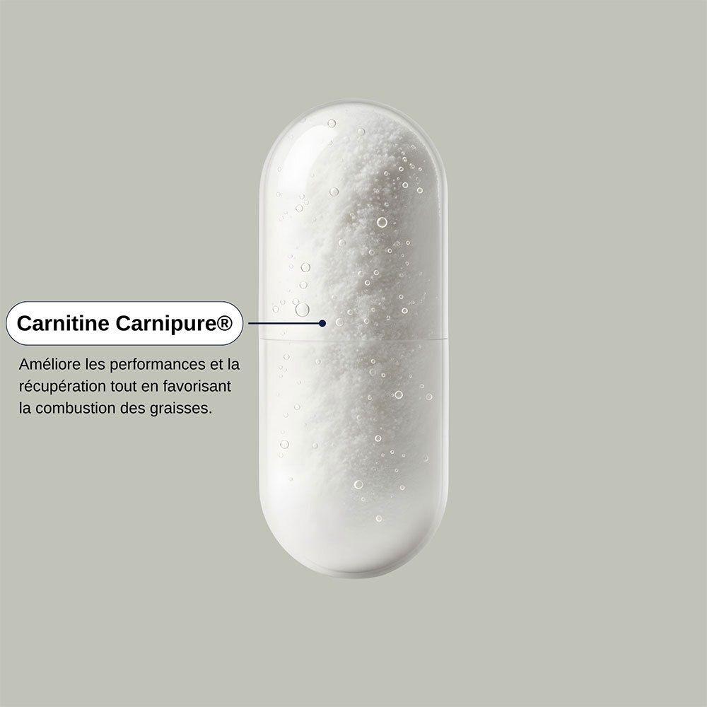 Nahaufnahme einer weißen Kapsel. Text: Carnitine Carnipure®, verbessert Leistung und Fettverbrennung.