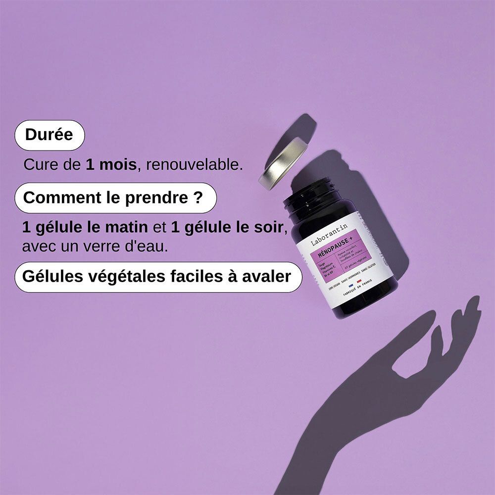 Flasche mit Produktnamen und Anwendungsdetails. Schatten einer Hand. Text: Einnahme, Dosierung.