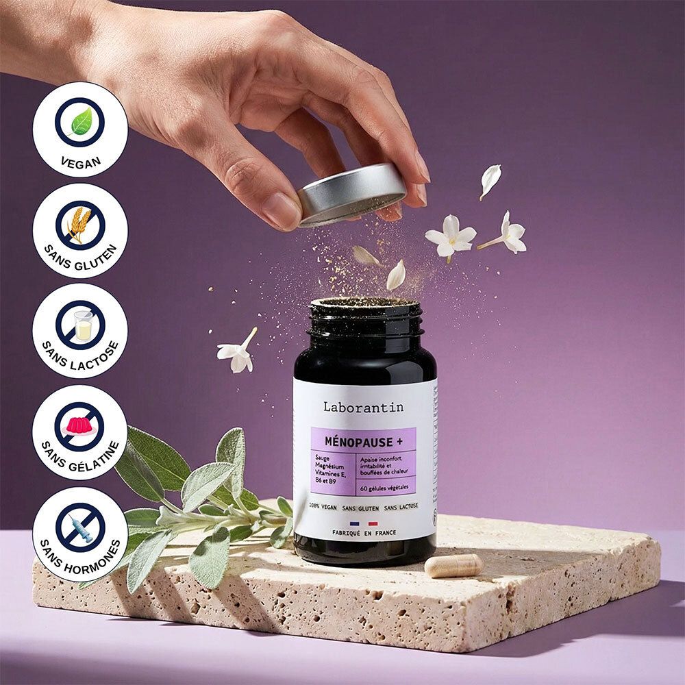 Laborantin Ménopause+ Flasche mit Siegeln für Vegan, Ohne Gluten, Ohne Laktose, Ohne Gelatine, Ohne Hormone.