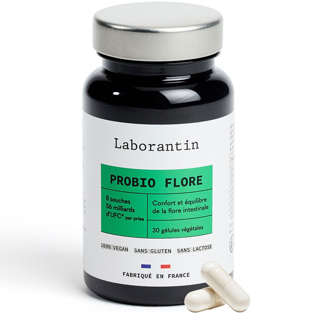 Schwarze Flasche mit weißem Etikett. Aufschrift: Laborantin, PROBIO FLORE. 30 Kapseln. Vegan, glutenfrei, laktosefrei.