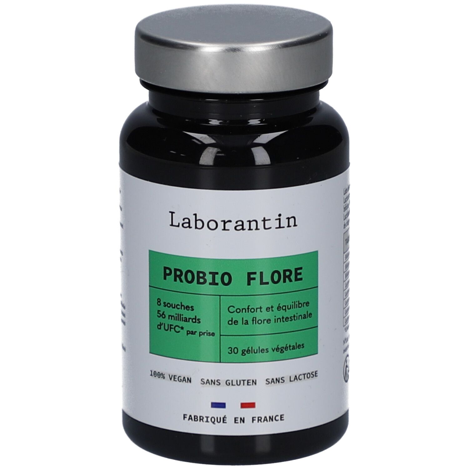 Flacon noir avec bouchon argenté. Étiquette "Laborantin" et "PROBIO FLORE". 30 gélules végétales. Vegan, sans gluten, sans lactose.
