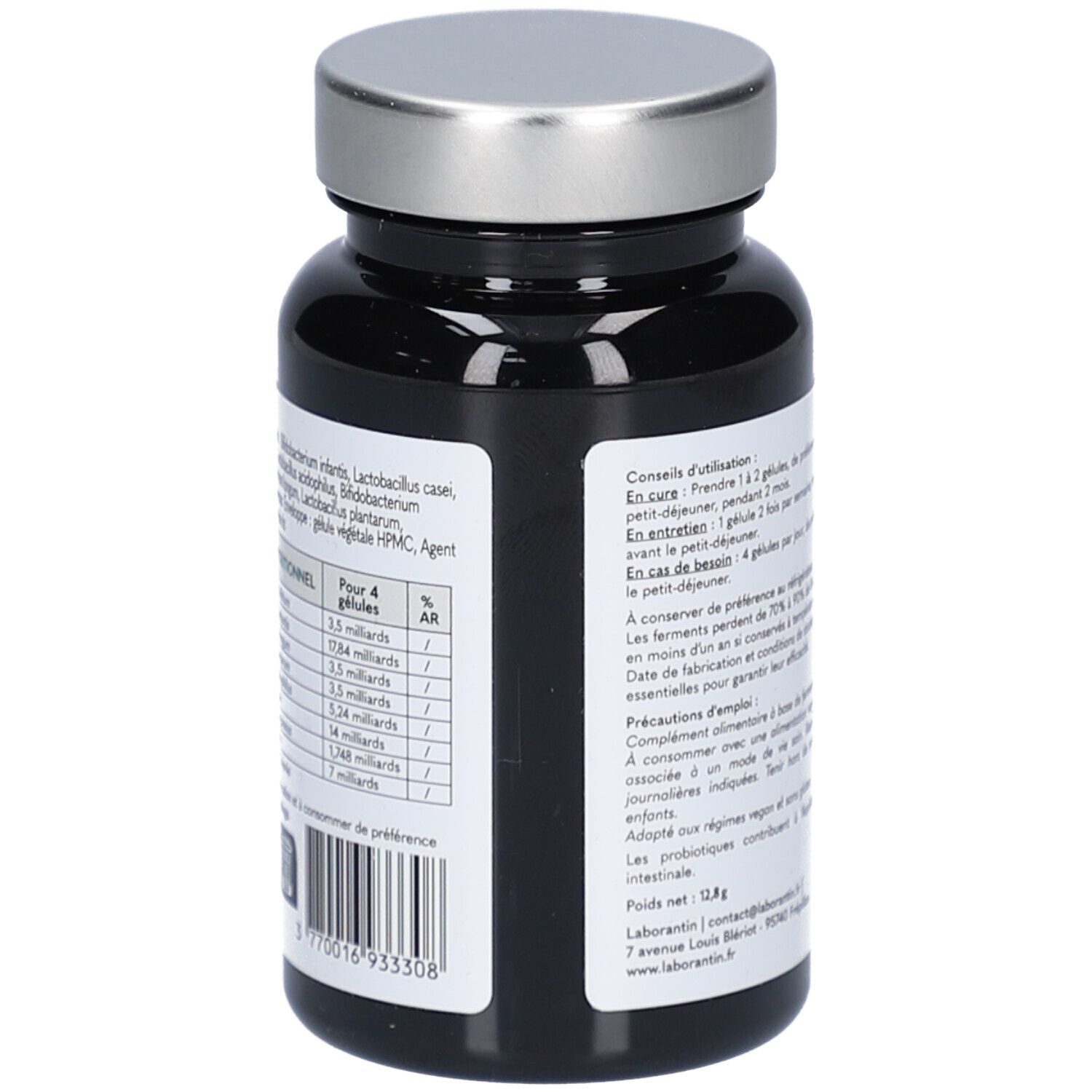 Flacon noir avec bouchon argenté. Étiquette avec ingrédients et tableau nutritionnel. Fabriqué en France. Vegan, sans gluten, sans lactose.