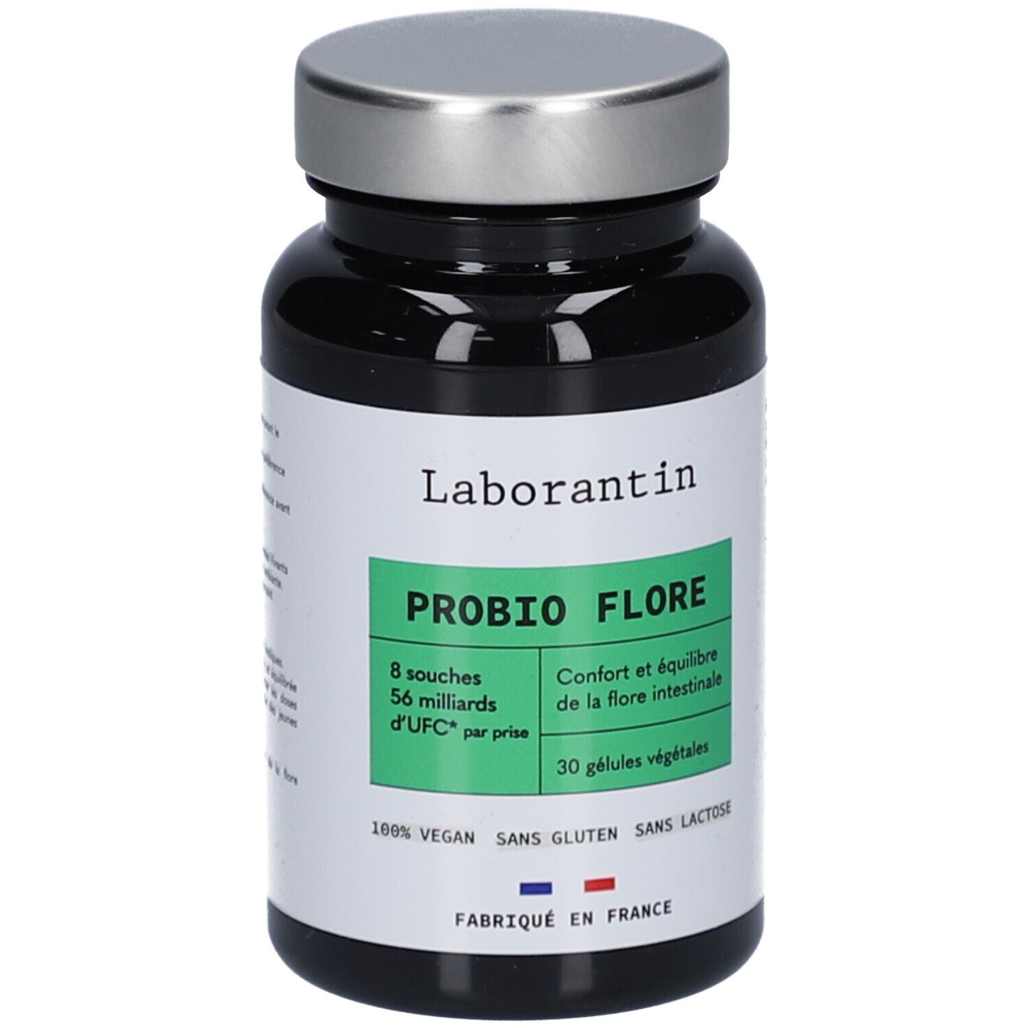 Flacon noir avec bouchon argenté. Étiquette "Laborantin" et "PROBIO FLORE". 30 gélules végétales. Vegan, sans gluten, sans lactose.
