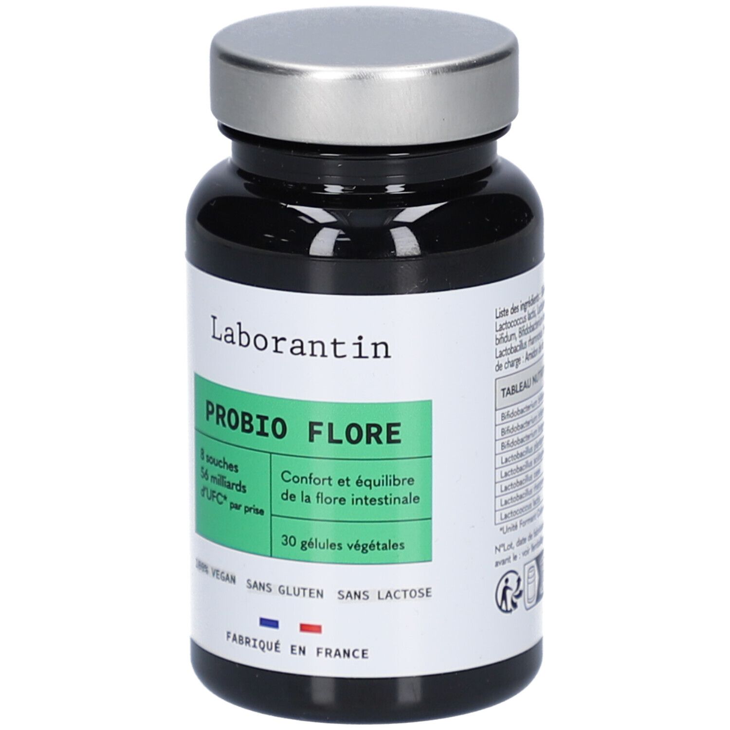 Flacon noir avec bouchon argenté. Étiquette "Laborantin" et "PROBIO FLORE". 30 gélules végétales. Vegan, sans gluten, sans lactose.