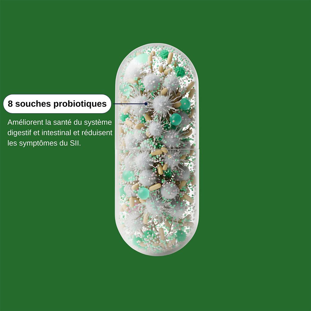 Kapsel mit Bakterien. Text: 8 probiotische Stämme. Verbessert die Gesundheit des Verdauungssystems und reduziert Symptome von Reizdarmsyndrom.