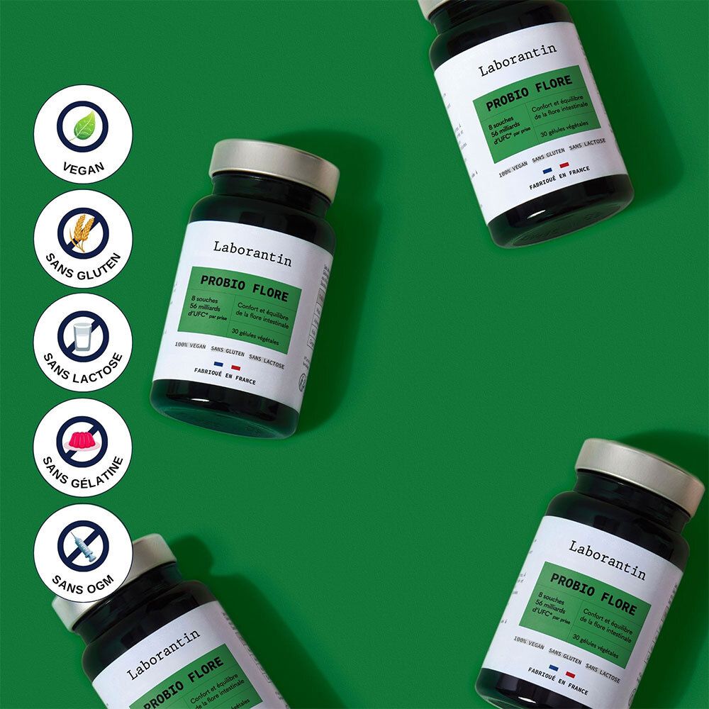 Mehrere Flaschen PROBIO FLORE. Symbole: Vegan, glutenfrei, laktosefrei, ohne Gelatine, ohne GVO.