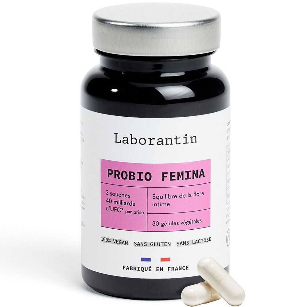Schwarze Flasche mit weißem Etikett. Aufschrift Laborantin, PROBIO FEMINA. 30 Kapseln, vegan, glutenfrei, laktosefrei. Hergestellt in Frankreich.