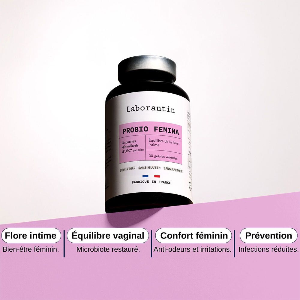 Flasche mit PROBIO FEMINA. Text: Flore intime, Équilibre vaginal, Confort féminin, Prévention. Vegan, glutenfrei, laktosefrei. Hergestellt in Frankreich.
