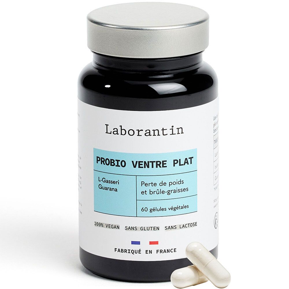 Flacon noir, bouchon argenté. Laborantin, PROBIO VENTRE PLAT, 60 gélules végétales. Deux gélules à côté.