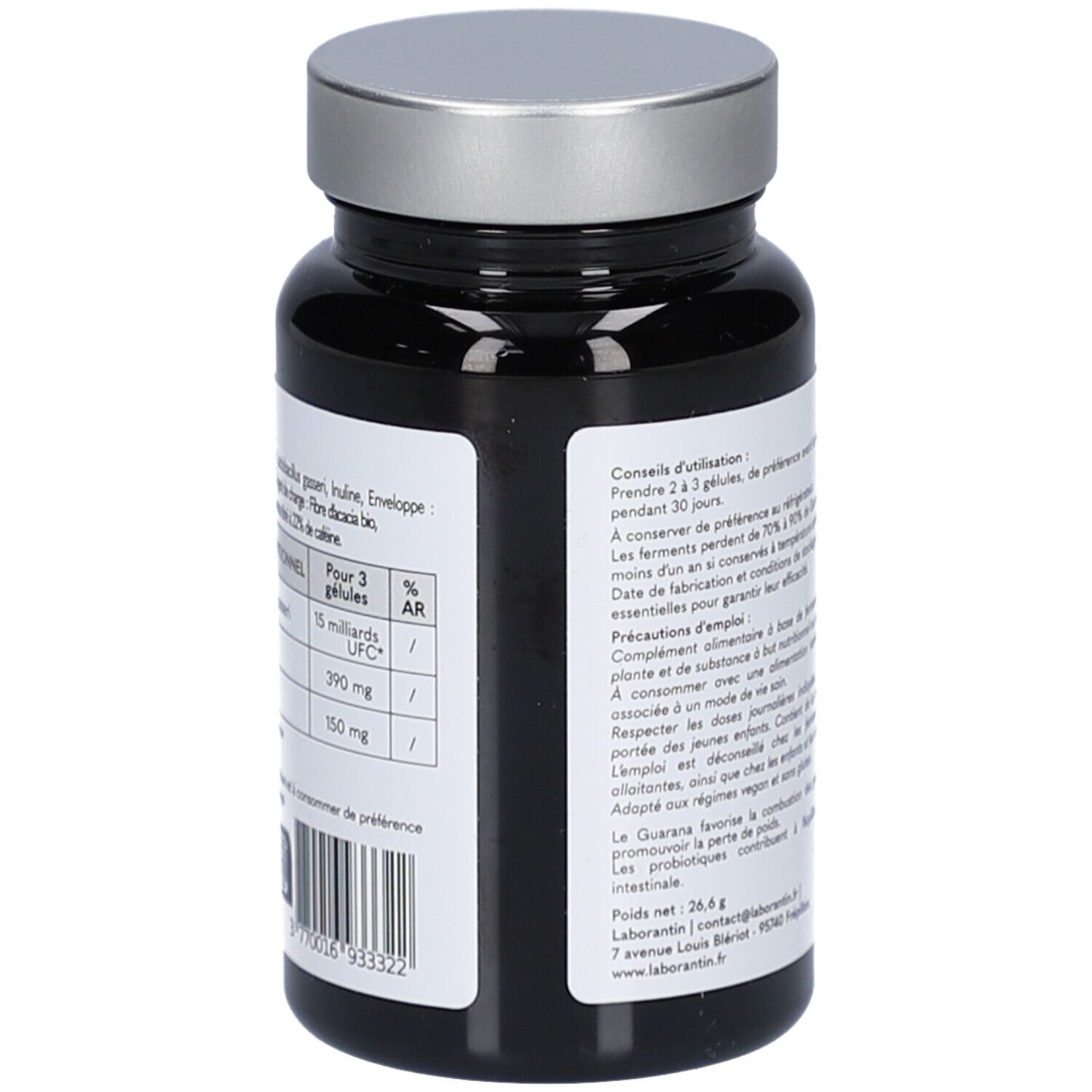 Rückseite der schwarzen Flasche mit silbernem Deckel. Text mit Nährwertangaben. Marke Laborantin.