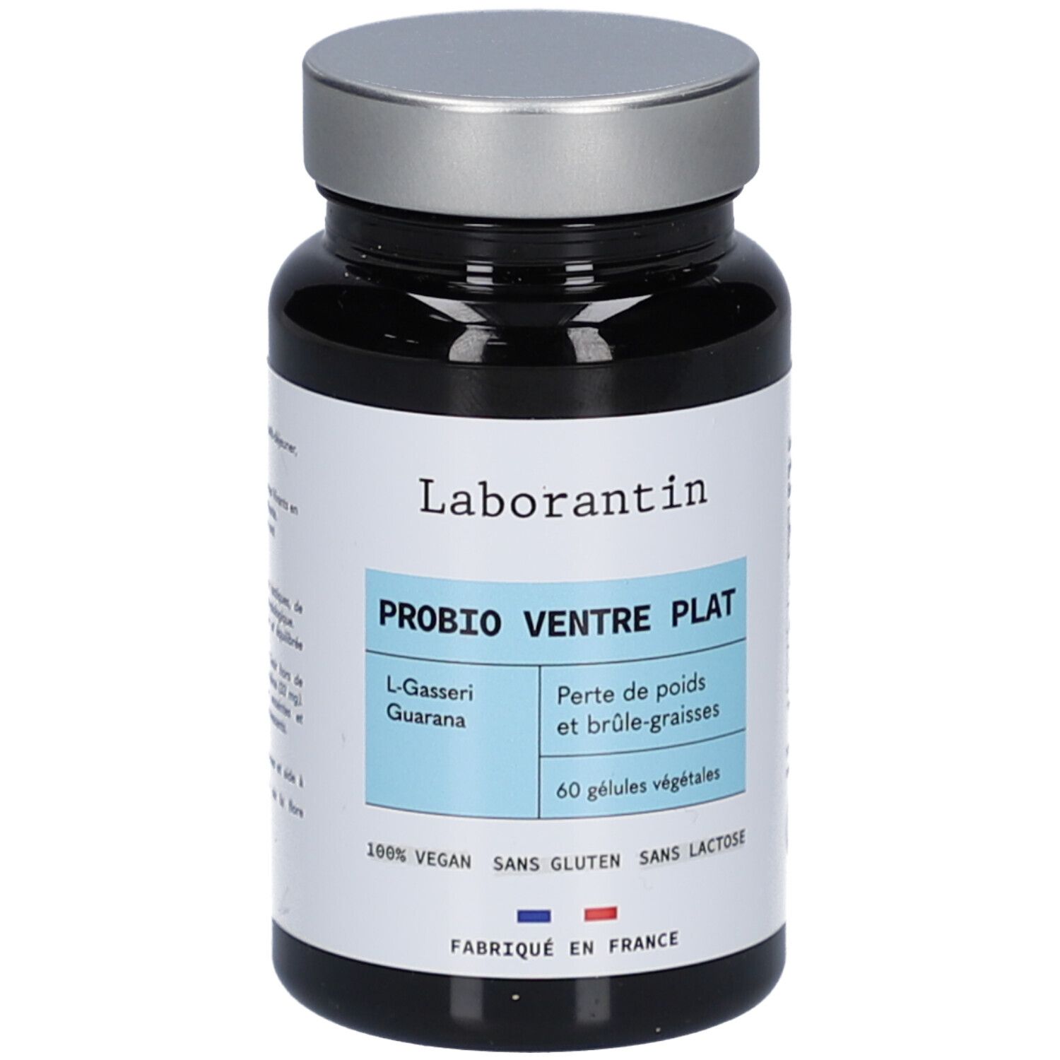 Schwarze Flasche mit silbernem Deckel. Aufschrift: Laborantin, PROBIO VENTRE PLAT, 60 pflanzliche Kapseln. Vegan, glutenfrei, laktosefrei.