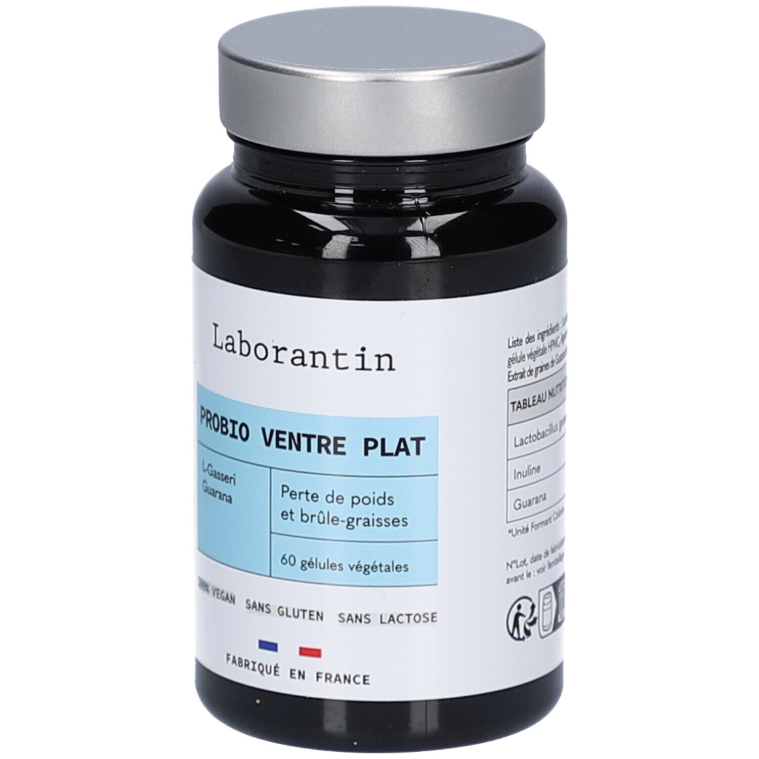 Schwarze Flasche mit silbernem Deckel. Aufschrift: Laborantin, PROBIO VENTRE PLAT, 60 pflanzliche Kapseln. Vegan, glutenfrei, laktosefrei.