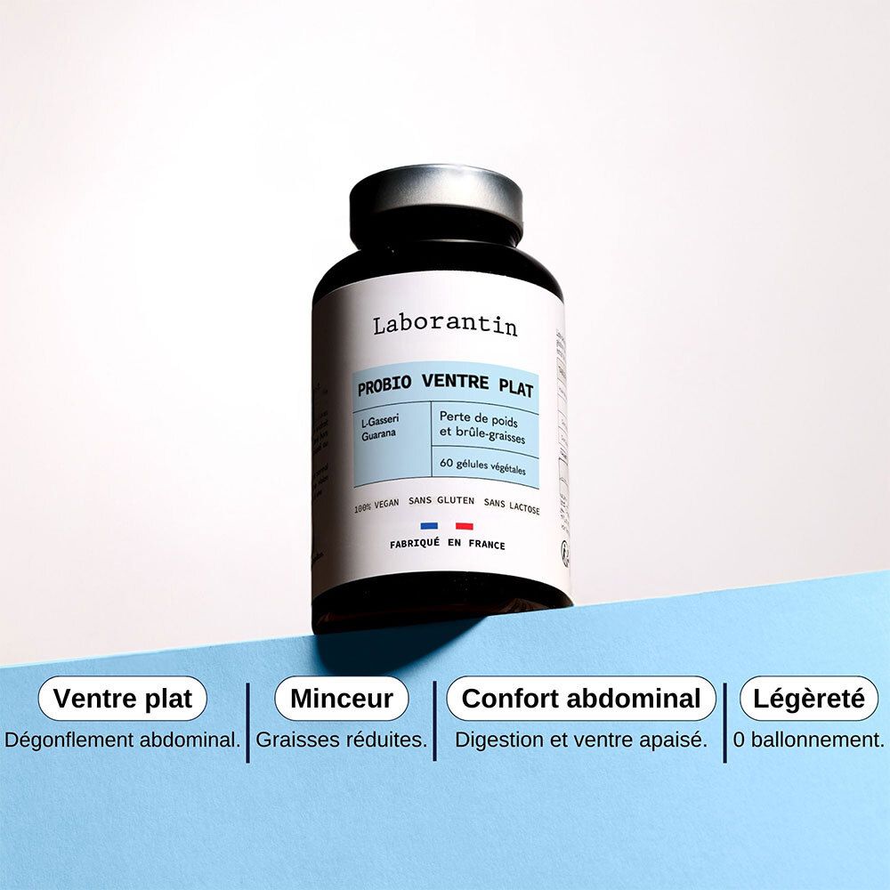 Flacon avec textes: Ventre plat, Minceur, Confort abdominal, Légèreté. Fond bleu.