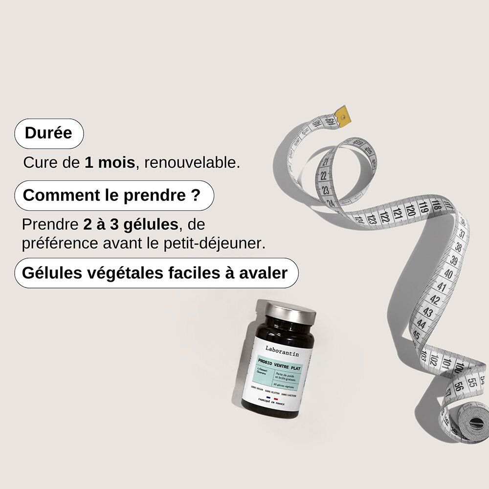 Flacon avec texte: Cure de 1 mois, renouvelable. Comment le prendre ? Gélules végétales faciles à avaler. Mètre ruban.