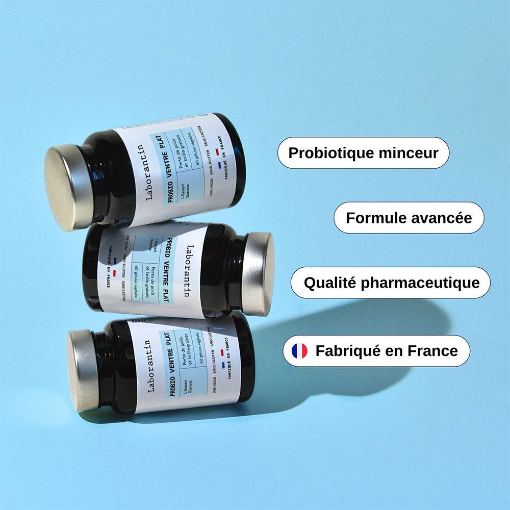 Trois flacons. Texte: Probiotique minceur, Formule avancée, Qualité pharmaceutique, Fabriqué en France. Fond bleu.