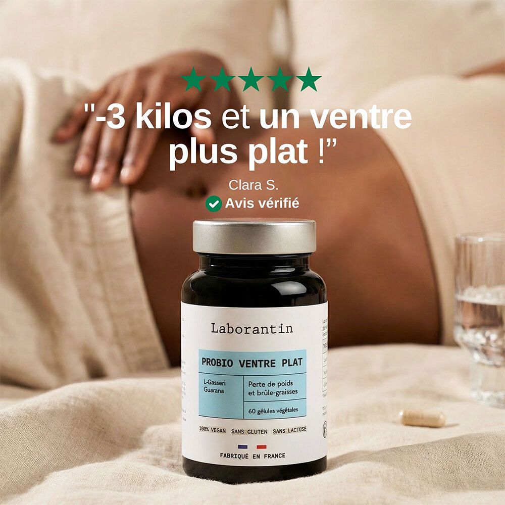 Femme enceinte. Flacon avec inscription: Laborantin, PROBIO VENTRE PLAT. -3 kilos et un ventre plus plat ! Avis vérifié.