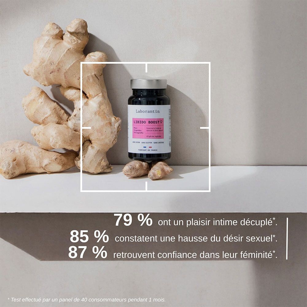 Produktflasche neben Ingwer. Text: 79% mehr intimes Vergnügen, 85% mehr sexuelles Verlangen, 87% mehr Selbstvertrauen in die Weiblichkeit.