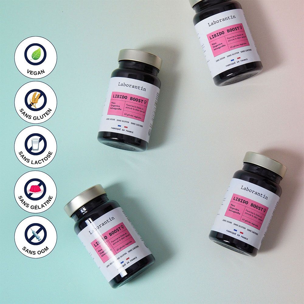 Mehrere Flaschen mit Produkt. Symbole: Vegan, glutenfrei, laktosefrei, ohne Gelatine, ohne GVO.