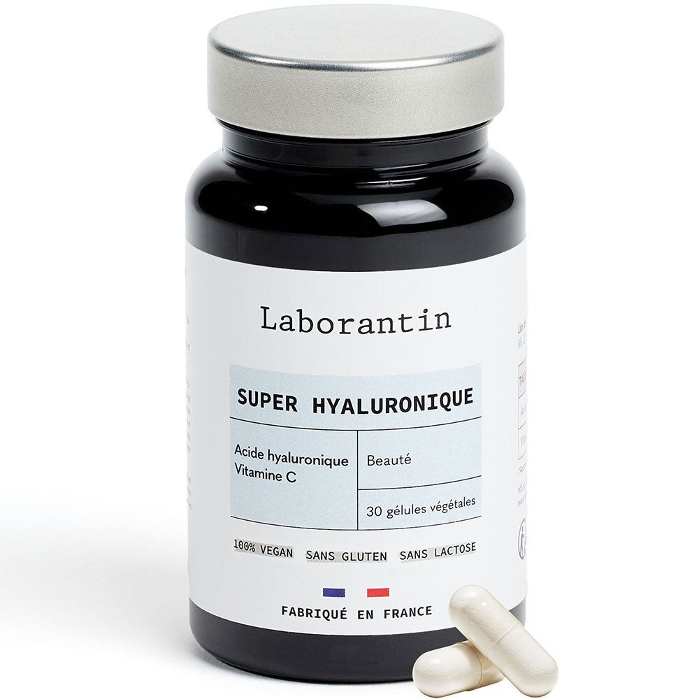Schwarze Flasche mit weißen Kapseln. Aufschrift: Laborantin, Super Hyaluronique, Vitamin C, 30 Kapseln. Vegan, glutenfrei, laktosefrei.