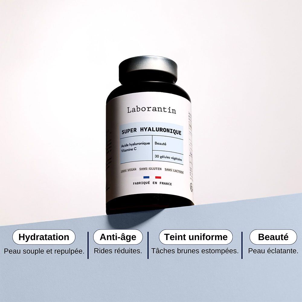 Flasche mit Kapseln. Aufschrift: Laborantin, Super Hyaluronique, Vitamin C, 30 Kapseln. Vegan, glutenfrei, laktosefrei. Vier Textblöcke.