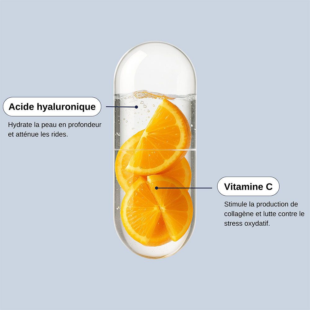 Kapsel mit Hyaluronsäure und Vitamin C. Text: Acide hyaluronique, hydrate la peau. Vitamine C, stimule le collagène.