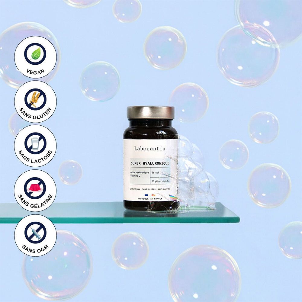 Flasche mit Kapseln. Symbole: Vegan, glutenfrei, laktosefrei, ohne Gelatine, ohne GVO. Aufschrift: Laborantin, Super Hyaluronique.