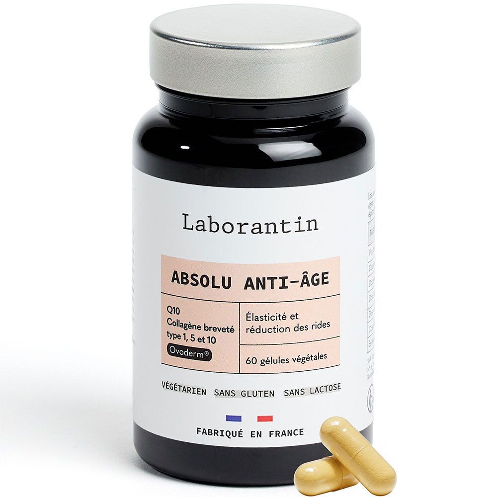Flacon noir, étiquette blanche : Laborantin Absolu Anti-Âge. 60 gélules. Deux gélules à côté.