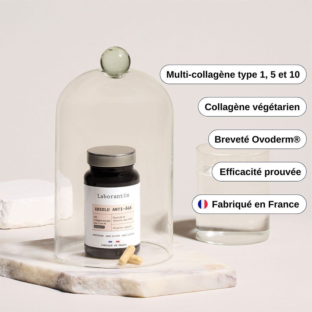 Flacon Laborantin Absolu Anti-Âge sous cloche. Texte : Multi-collagène, collagène végétarien, Ovoderm, Fabriqué en France.